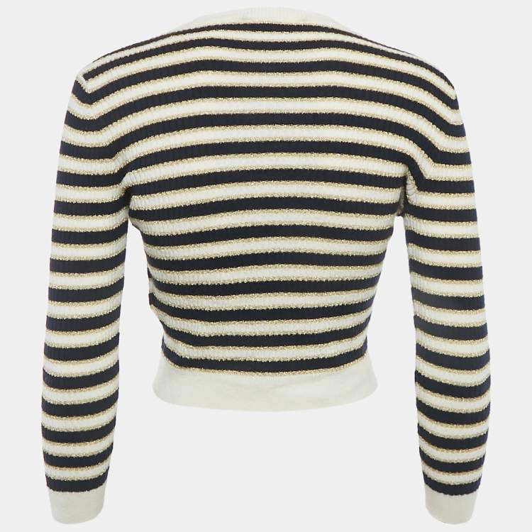 Pre Owned Valentino White/Blue Striped Lurex Rib Knit Top M