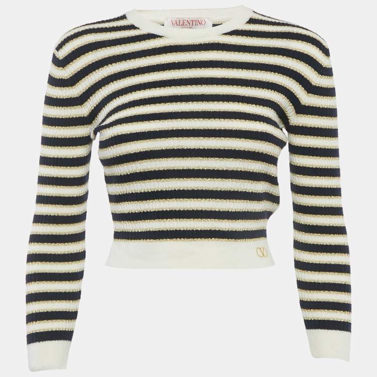 Pre Owned Valentino White/Blue Striped Lurex Rib Knit Top M