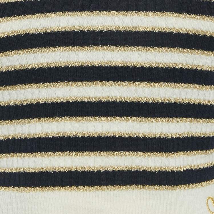 Pre Owned Valentino White/Blue Striped Lurex Rib Knit Top M