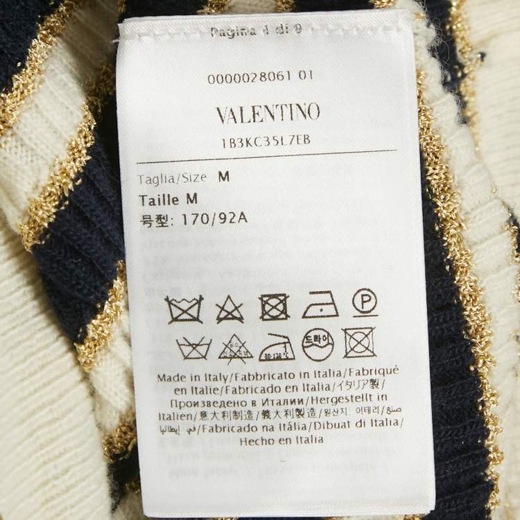 Pre Owned Valentino White/Blue Striped Lurex Rib Knit Top M