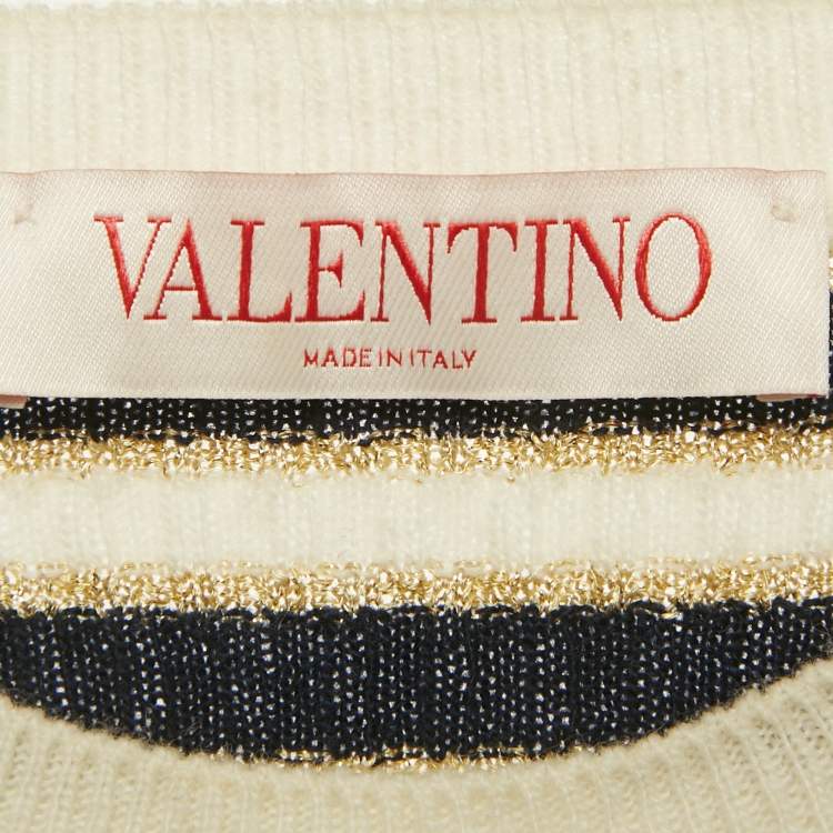 Pre Owned Valentino White/Blue Striped Lurex Rib Knit Top M