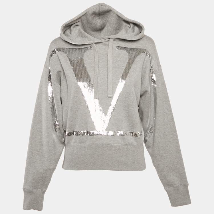 Pre Owned Valentino Grey Logo Sequin Cotton Knit Hooded Sweatshirt M