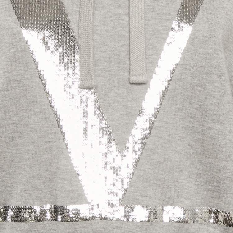Pre Owned Valentino Grey Logo Sequin Cotton Knit Hooded Sweatshirt M