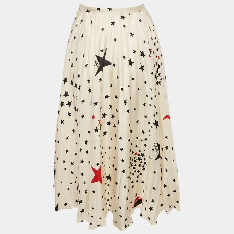 Pre Owned Valentino Cream Stars Print Silk Plisse Midi Skirt S