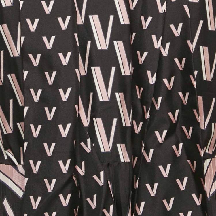 Pre Owned Valentino Black/Pink Printed Silk Plissé Midi Dress M