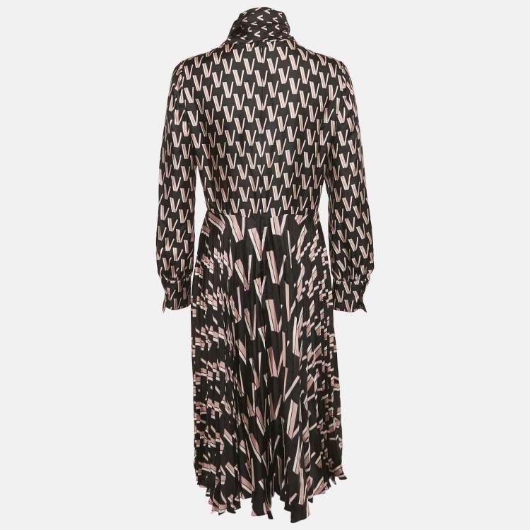 Pre Owned Valentino Black/Pink Printed Silk Plissé Midi Dress M