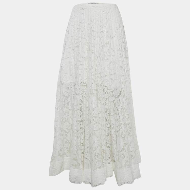 Pre Owned Valentino White Floral Lace Pleated Maxi Skirt S