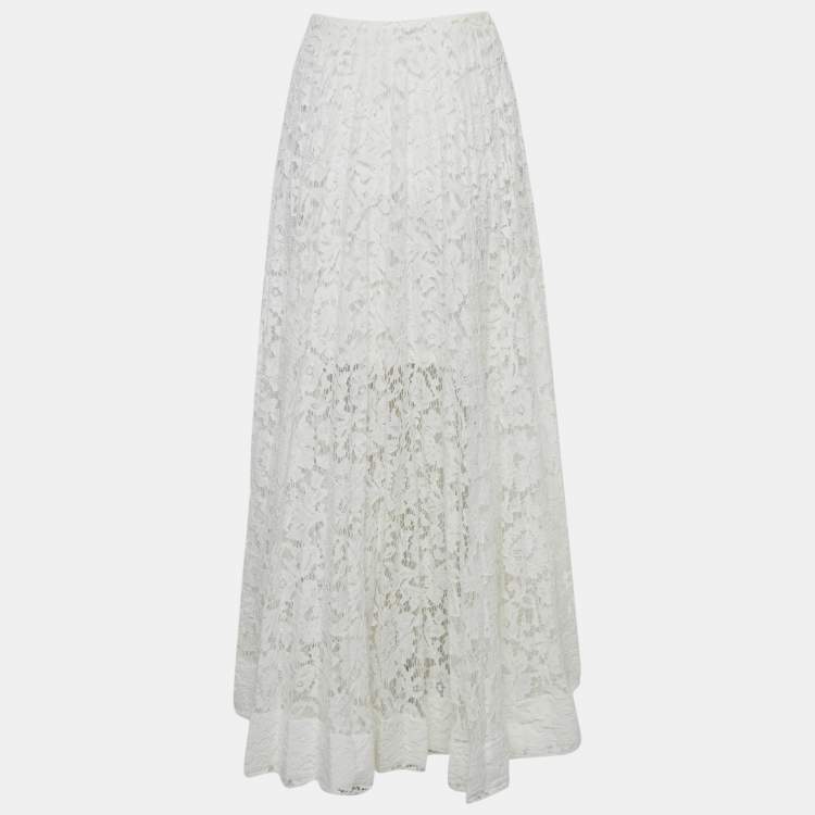 Pre Owned Valentino White Floral Lace Pleated Maxi Skirt S