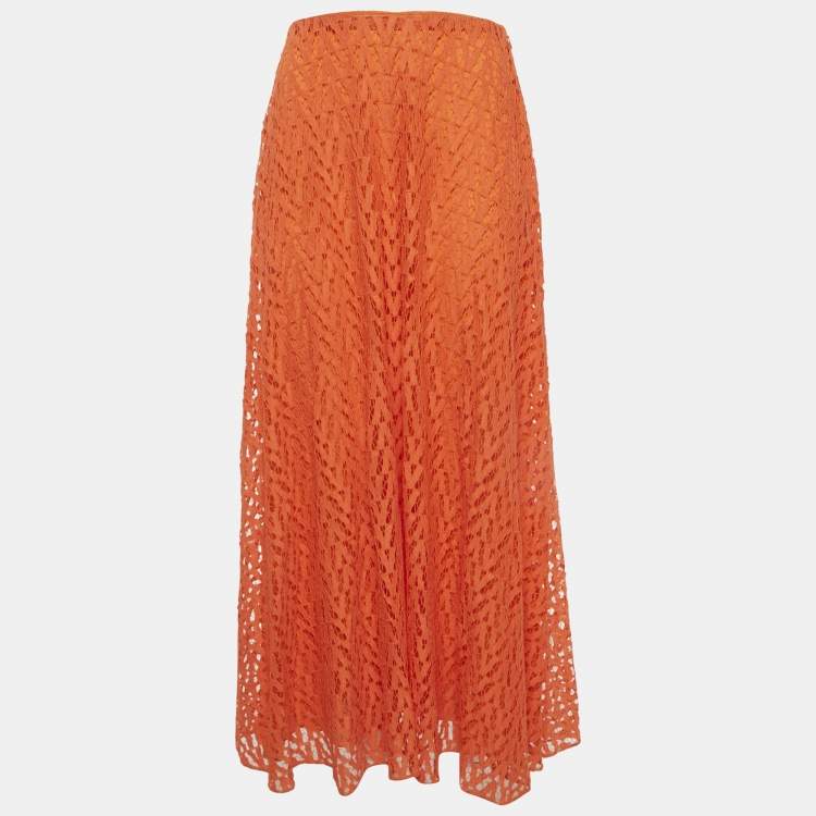 Pre Owned Valentino Orange Lace Midi Skirt M