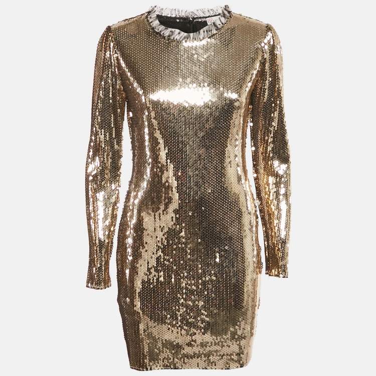 Pre Owned Valentino Gold Sequin Jersey Long Sleeve Mini Dress XL