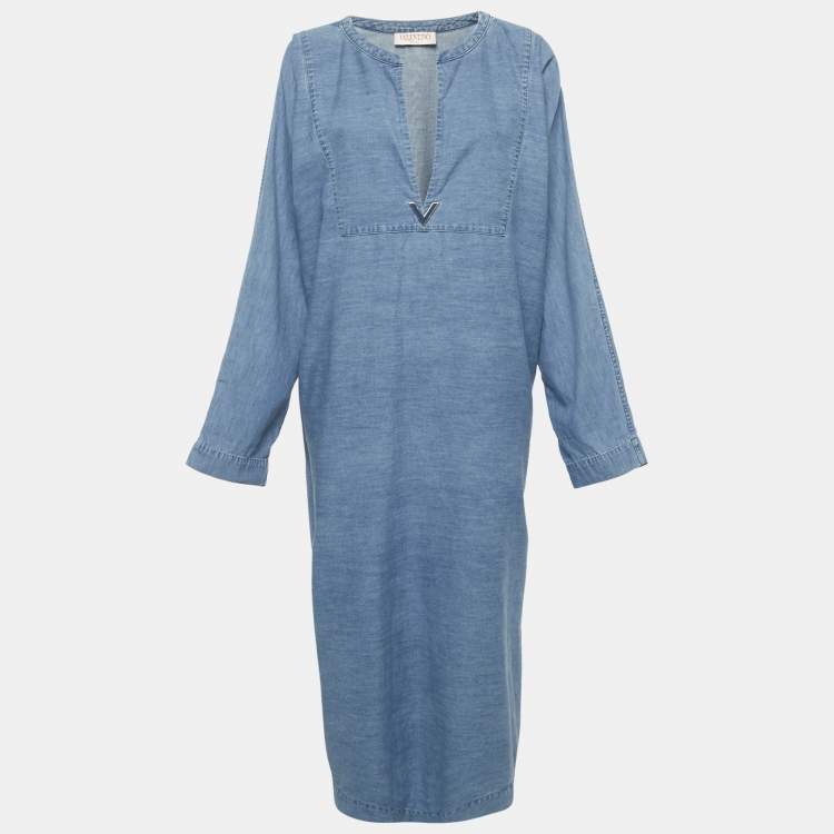 Pre Owned Valentino Blue Denim V Logo Maxi Dress L