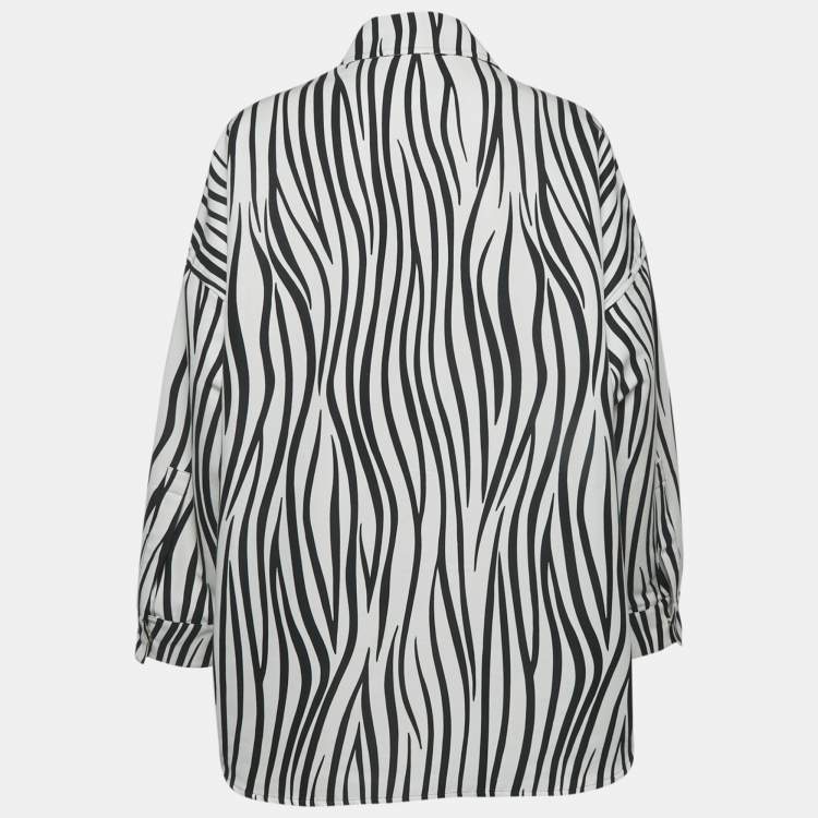 Pre Owned Valentino White/Black Zebra Print Cotton V Detail Oversized Shirt XS