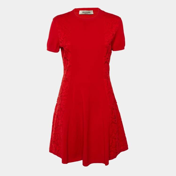Pre Owned Valentino Red Knit & Lace Panel Detail Mini Dress L