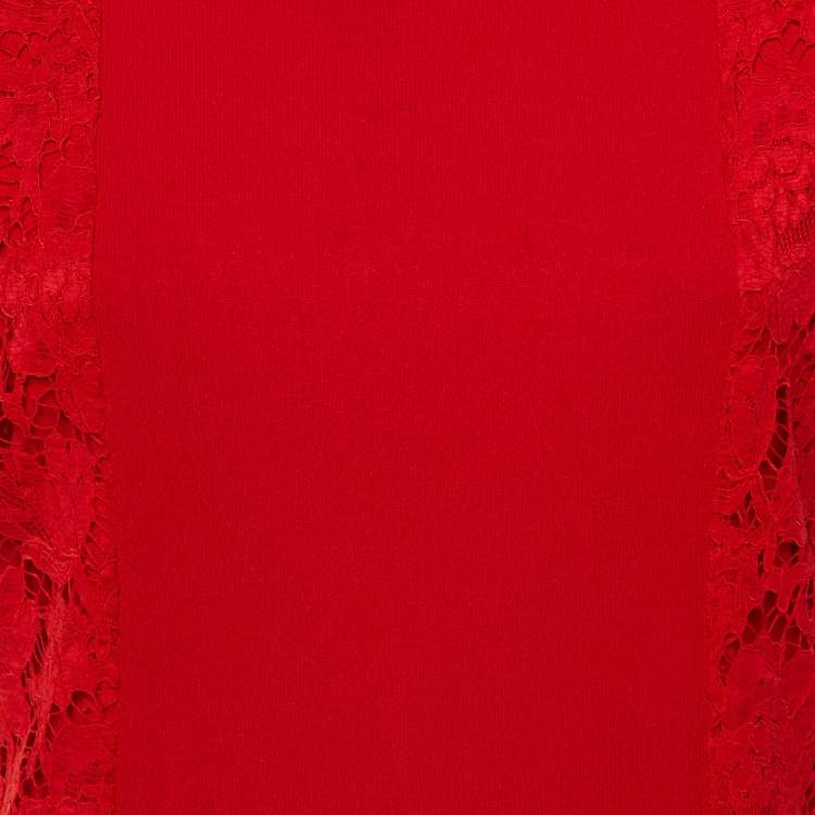 Pre Owned Valentino Red Knit & Lace Panel Detail Mini Dress L