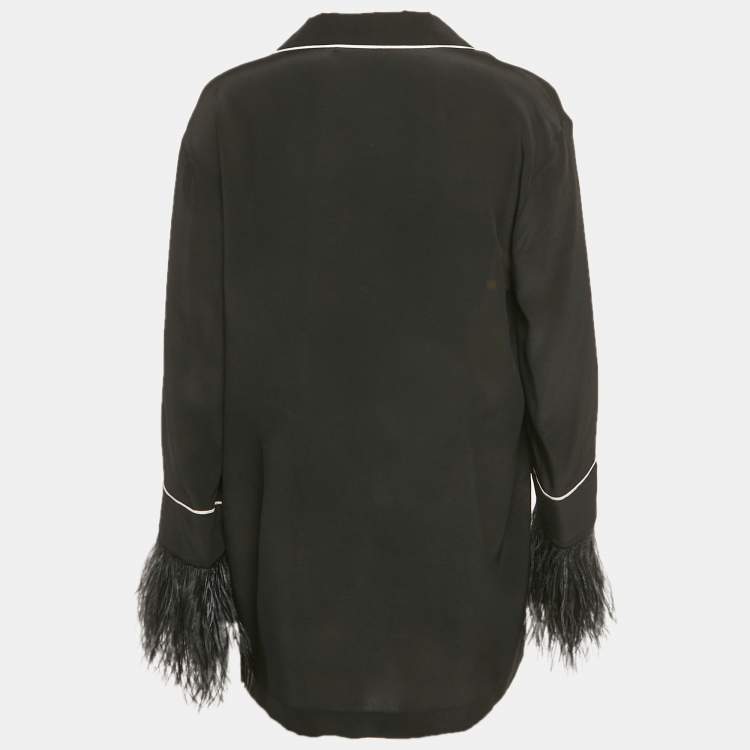 مملوكة مسبقًا Valentino Black Printed Silk Feather Trim Shirt S