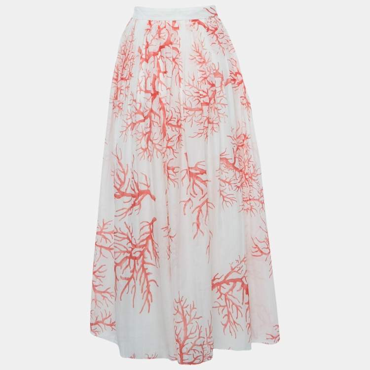 Pre Owned Valentino Archive '68 White Printed Cotton & Silk Midi Skirt M