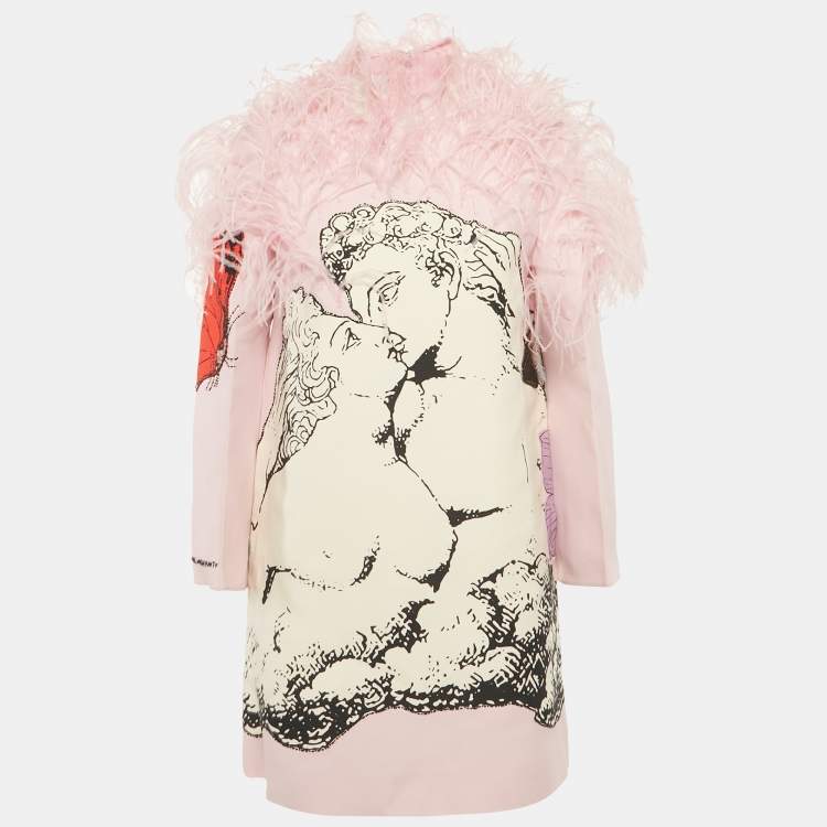 Pre Owned Valentino Pink Graphic Print Wool Blend Feather Trim Dress S