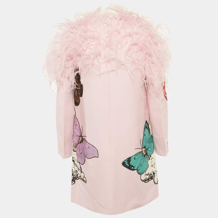 Pre Owned Valentino Pink Graphic Print Wool Blend Feather Trim Dress S