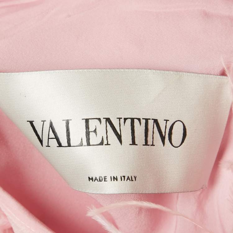 Pre Owned Valentino Pink Graphic Print Wool Blend Feather Trim Dress S