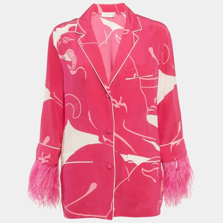 Pre Owned Valentino Pink Panther Motif Silk Feather Trim Shirt XS