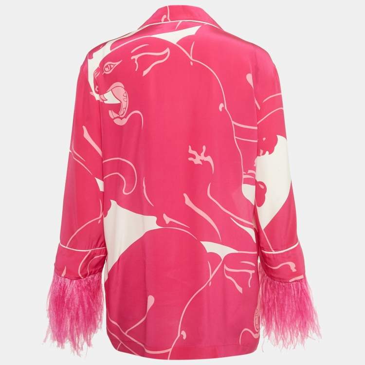 Pre Owned Valentino Pink Panther Motif Silk Feather Trim Shirt XS