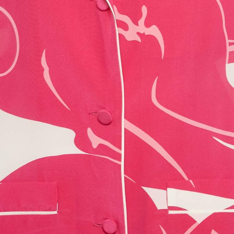 Pre Owned Valentino Pink Panther Motif Silk Feather Trim Shirt XS