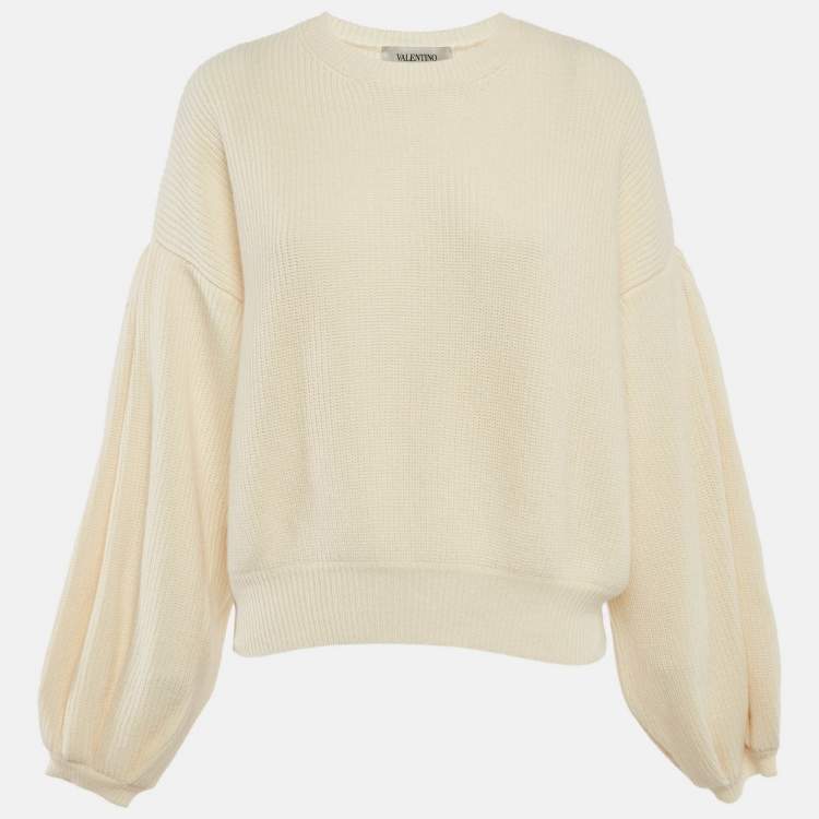 Pre Owned Valentino Cream Rib Knit Crewneck Sweater M