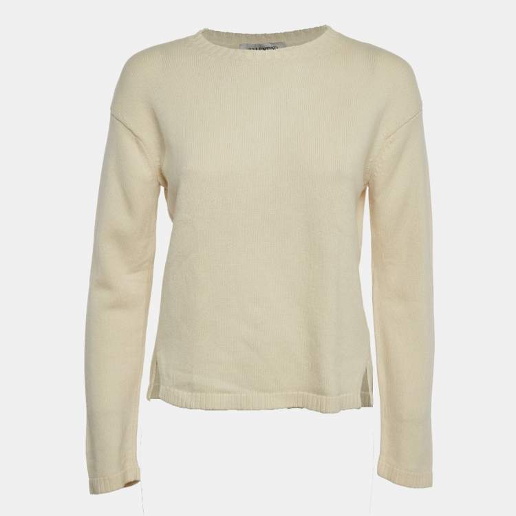 Pre Owned Valentino Cream Cashmere Round Neck Sweater S