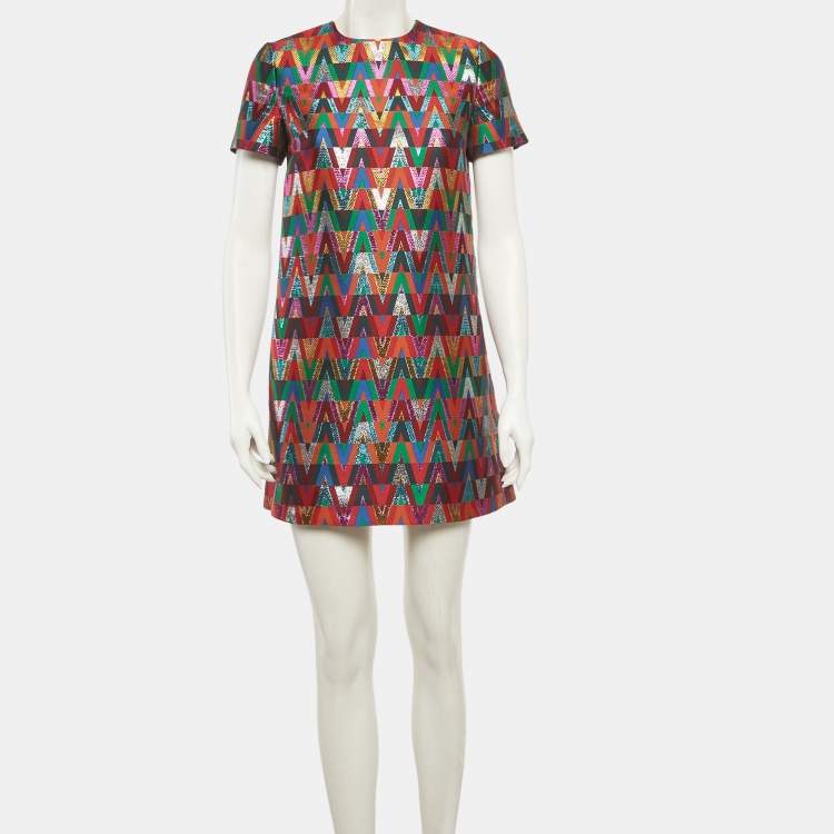 Pre Owned Valentino Multicolor Chevron Lurex Shift Dress S