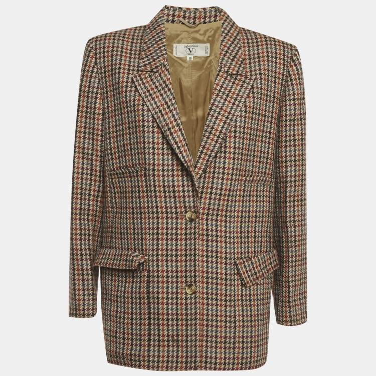 Pre Owned Valentino Vintage Brown Houndstooth Wool Blazer L