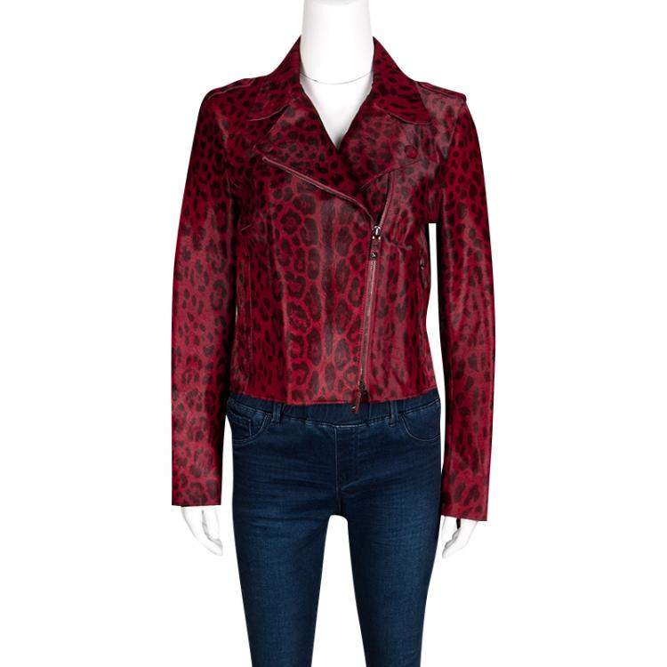 Pre Owned Valentino Red Leopard Pattern Calf Fur Zip Front Biker Jacket M