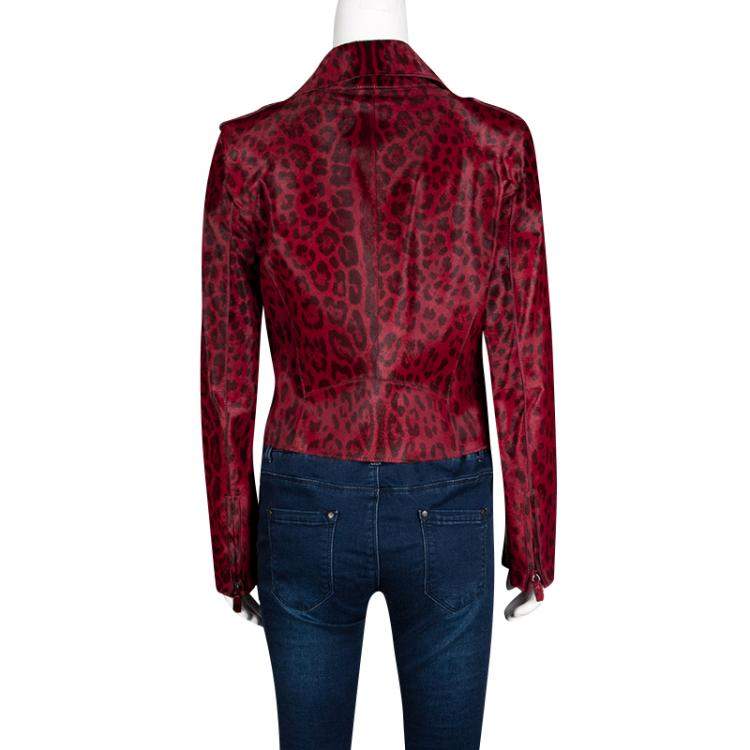 Pre Owned Valentino Red Leopard Pattern Calf Fur Zip Front Biker Jacket M