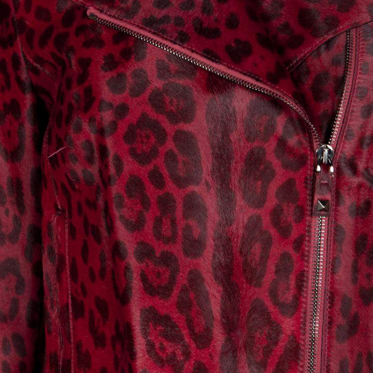 Pre Owned Valentino Red Leopard Pattern Calf Fur Zip Front Biker Jacket M