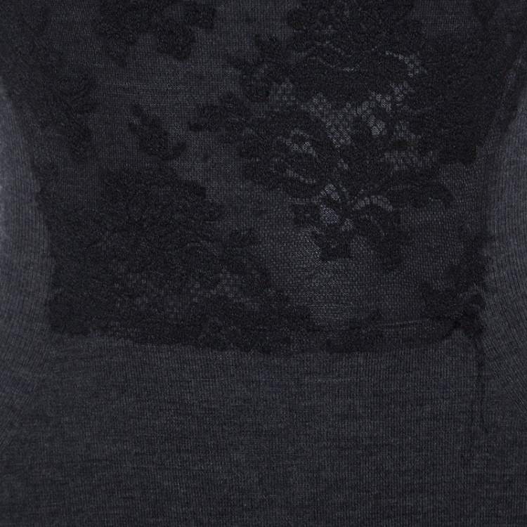 Pre Owned Valentino Vintage Grey Wool Contrast Lace Panel Detail Fitted Dress M