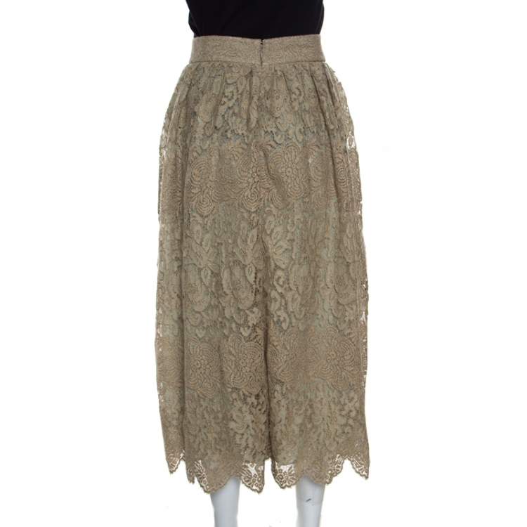 Pre Owned Valentino Pastel Green Metallic Floral Lace Overlay Gathered Waist Midi Skirt M