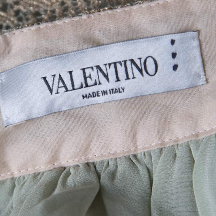 Pre Owned Valentino Pastel Green Metallic Floral Lace Overlay Gathered Waist Midi Skirt M