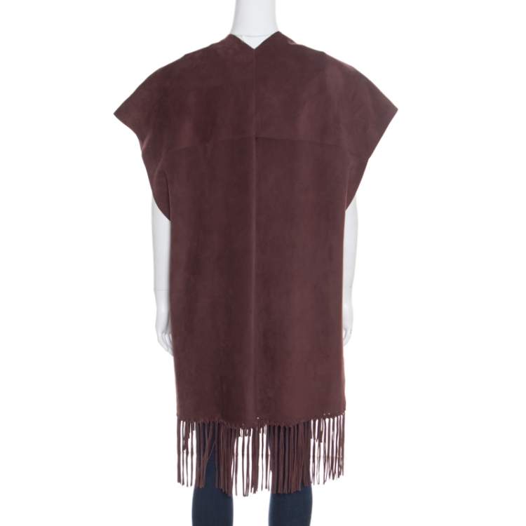Pre Owned Valentino Burgundy Leather Poncho Style Fringed Hem Jacket S