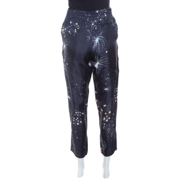 Pre Owned Valentino Navy Blue Cosmo Printed Silk Draw String Detail Pants S