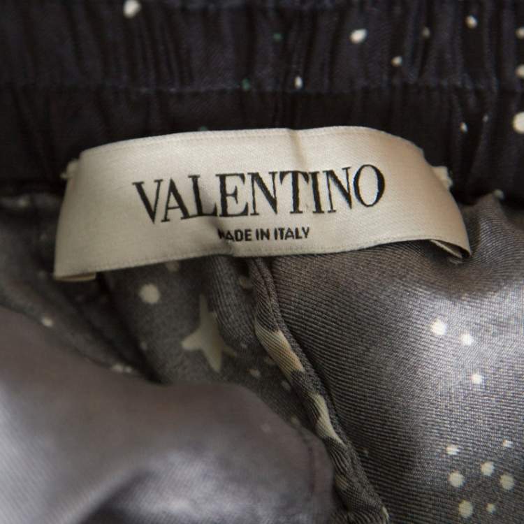 Pre Owned Valentino Navy Blue Cosmo Printed Silk Draw String Detail Pants S