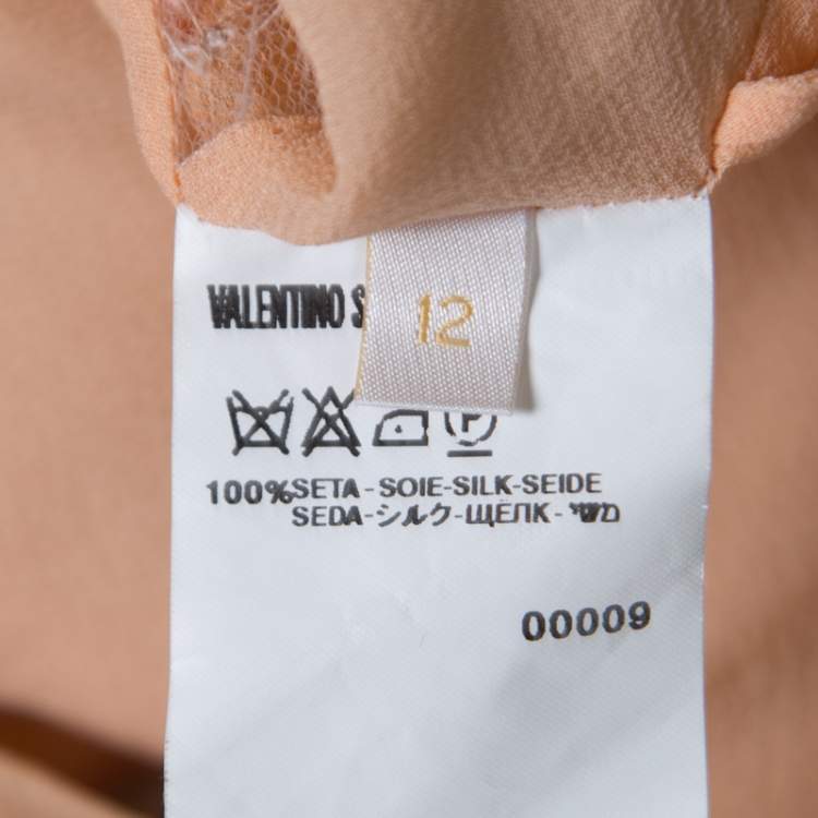 Pre Owned Valentino Orange Mesh Insert Floral Applique Detail Plisse Silk Top L