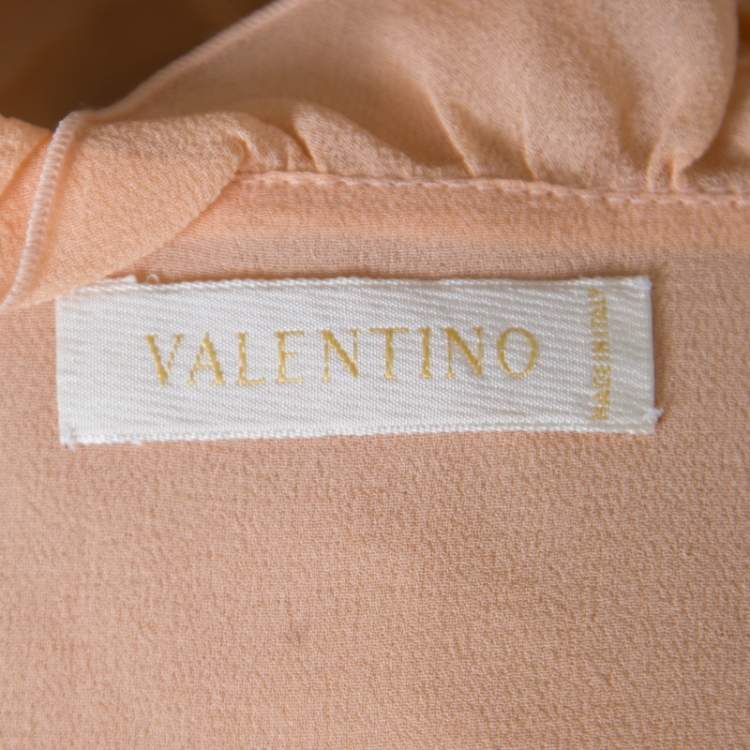 Pre Owned Valentino Orange Mesh Insert Floral Applique Detail Plisse Silk Top L