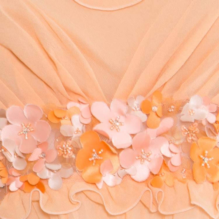 Pre Owned Valentino Orange Mesh Insert Floral Applique Detail Plisse Silk Top L