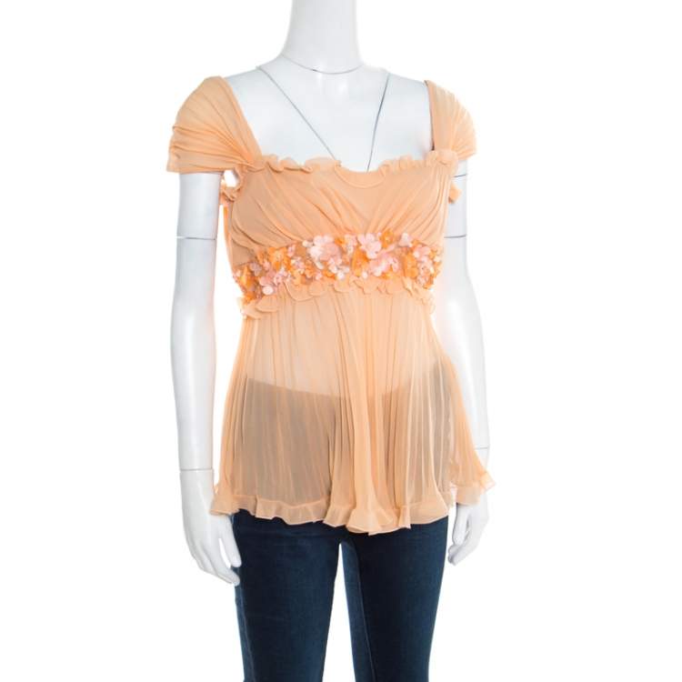 Pre Owned Valentino Orange Mesh Insert Floral Applique Detail Plisse Silk Top L