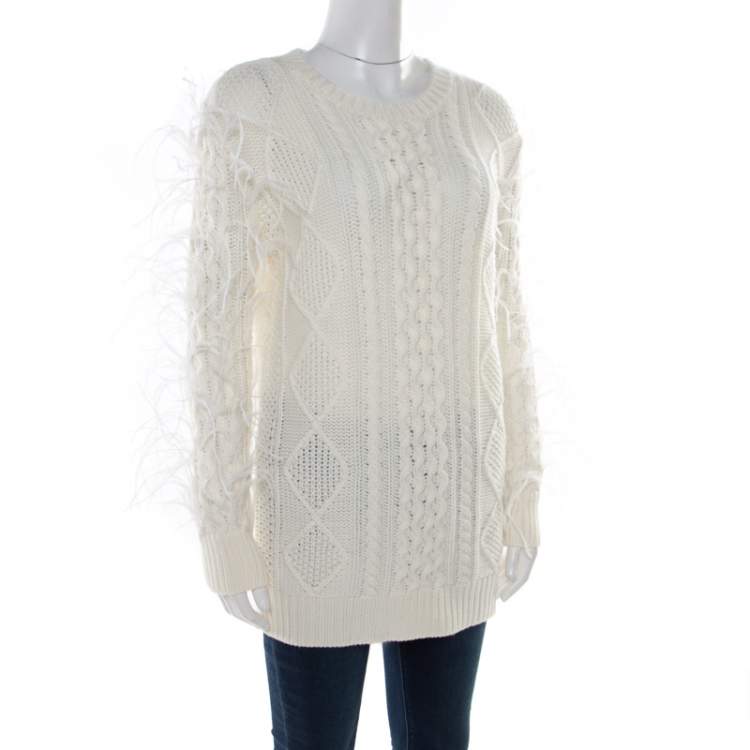 Pre Owned Valentino Ivory Chunky Knit Wool Ostrich Feathered Full Sleeve Pullover S