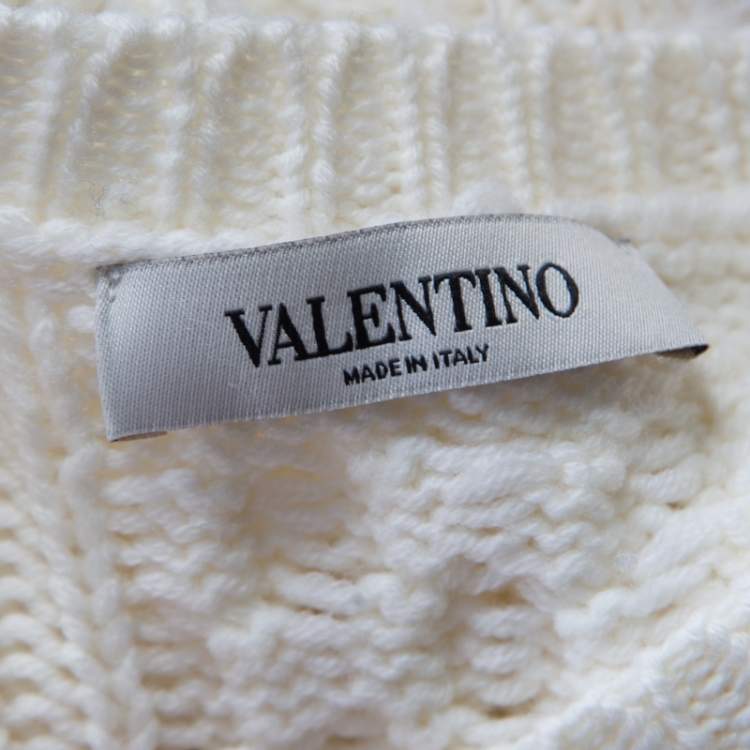 Pre Owned Valentino Ivory Chunky Knit Wool Ostrich Feathered Full Sleeve Pullover S