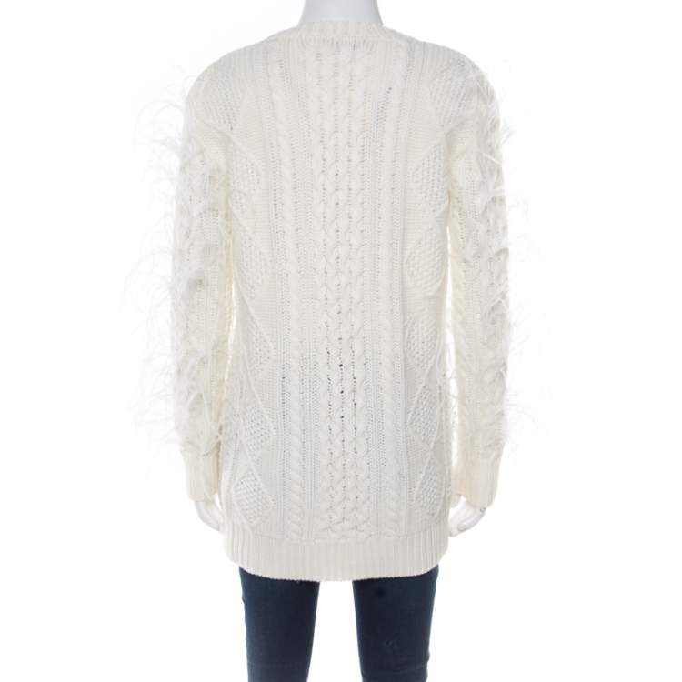 Pre Owned Valentino Ivory Chunky Knit Wool Ostrich Feathered Full Sleeve Pullover S