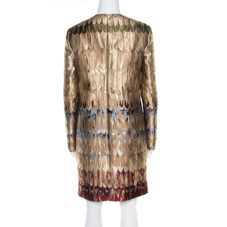 Pre Owned Valentino Gold Feather Patterned Jacquard Lurex Insert Shift Dress M