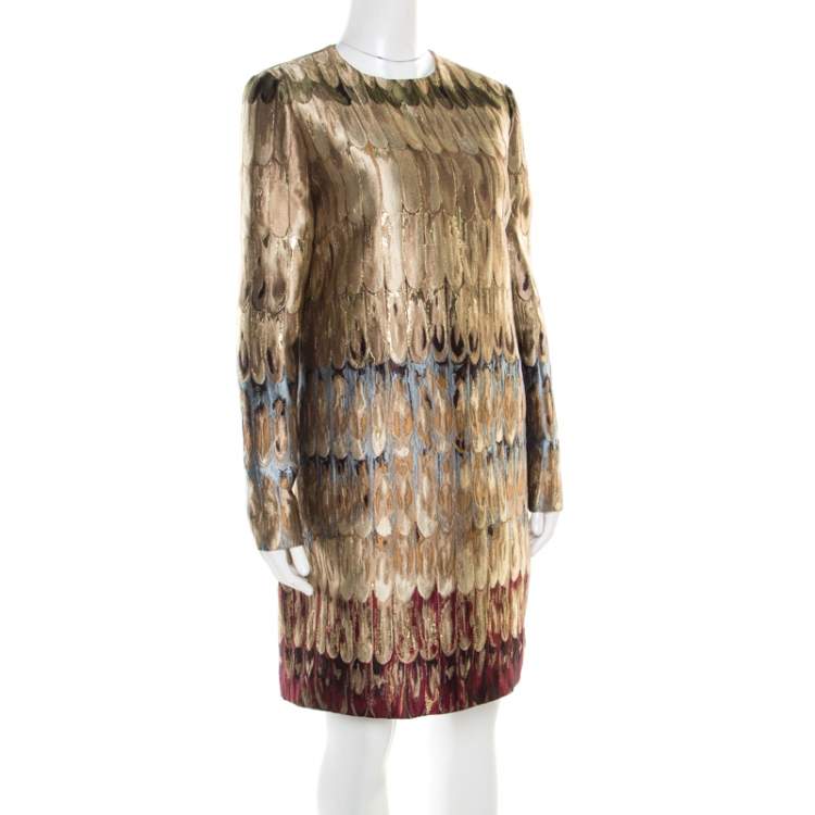 Pre Owned Valentino Gold Feather Patterned Jacquard Lurex Insert Shift Dress M