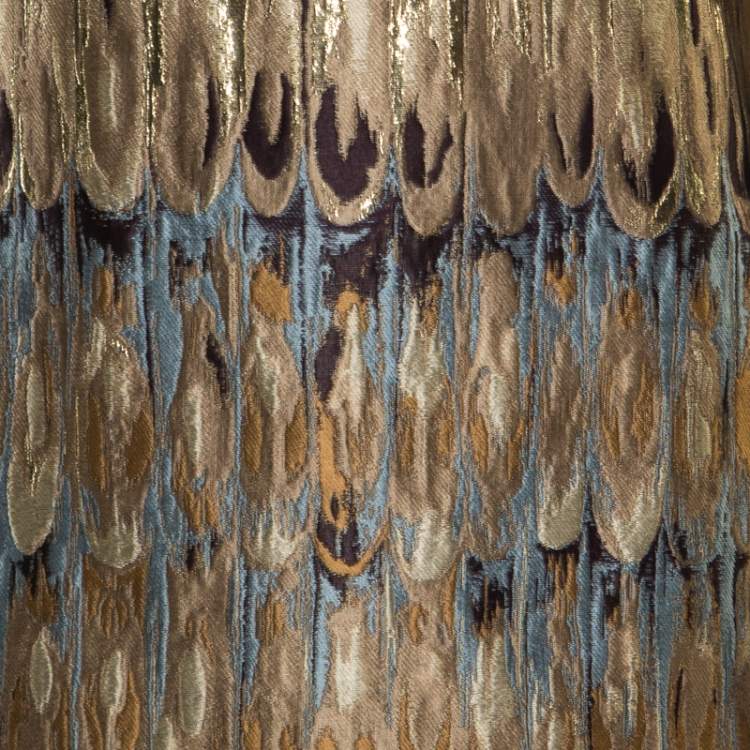 Pre Owned Valentino Gold Feather Patterned Jacquard Lurex Insert Shift Dress M