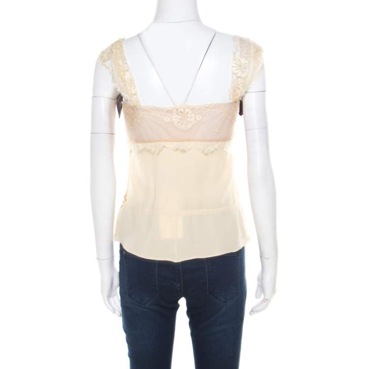Pre Owned Valentino Buttercream Crepe Bow Detail Lace Babydoll Top L